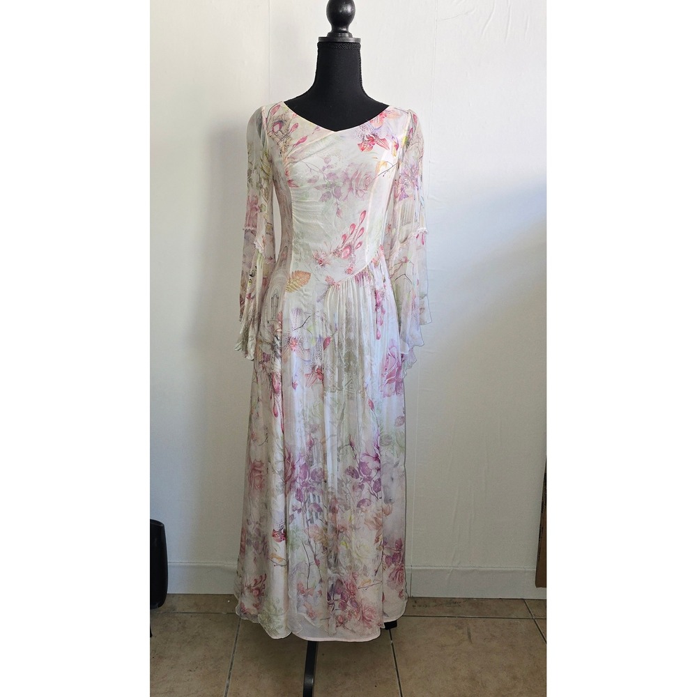Romantic Floral Maxi Dress Women Sheer Overlay Bell Sleeve renfair fairycore - Picture 2 of 16